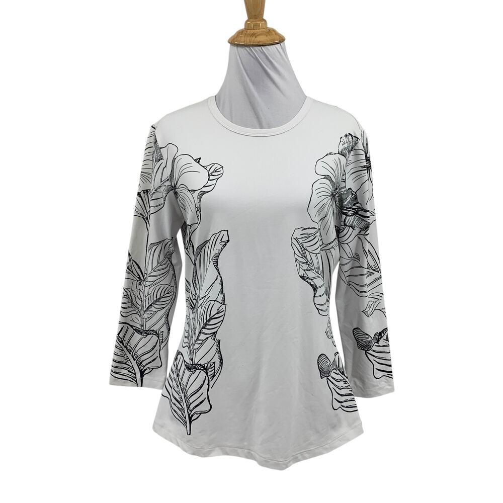 J McLaughlin Shirt Womens M Medium White Black Floral 3/4 Sleeve Jersey Stretch
